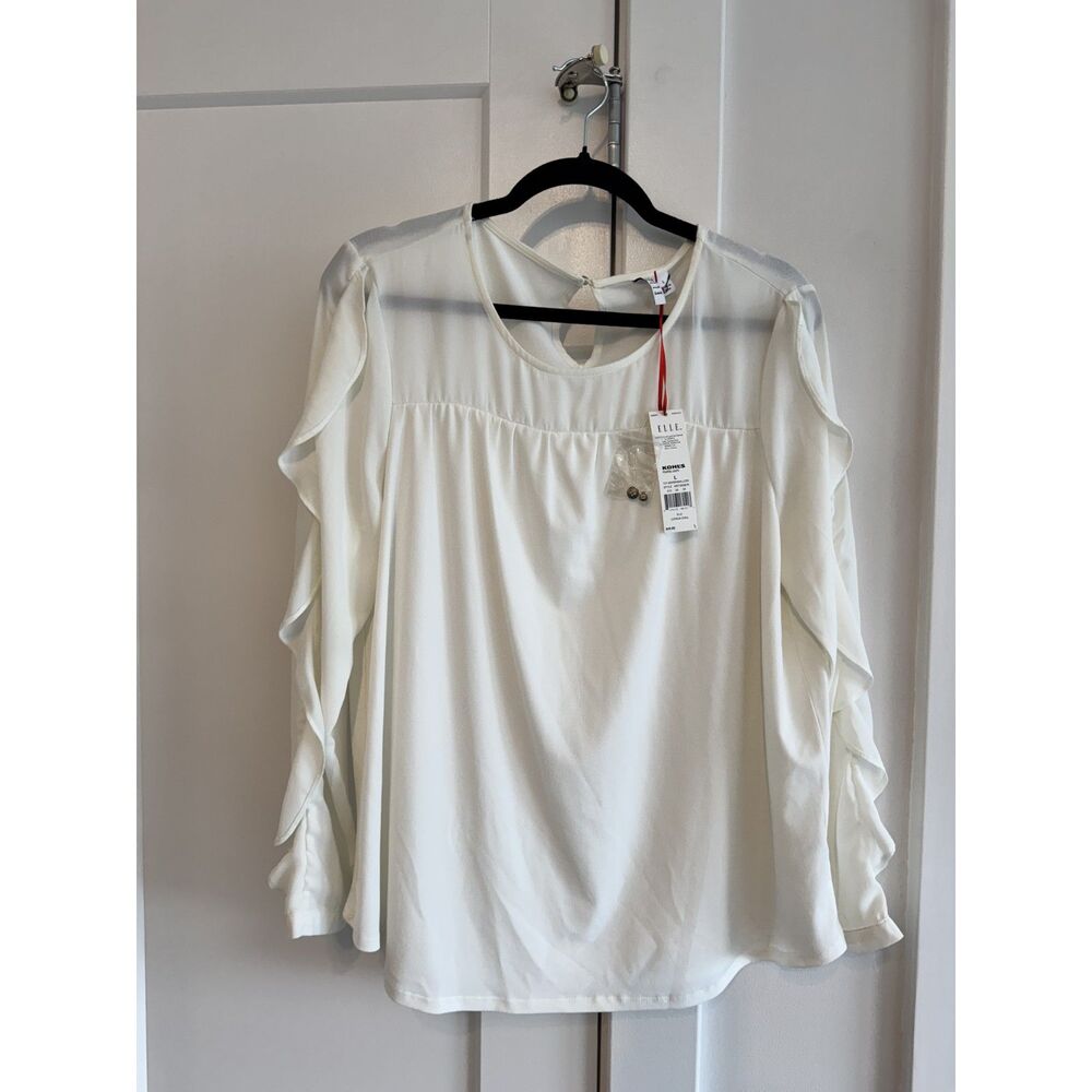 Elle Sheer White work blouse long sleeve L Marshmallow New